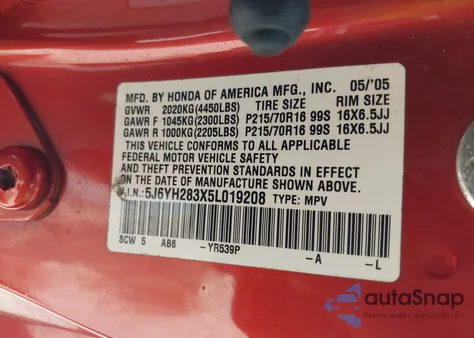 2005 Honda Element Lx from USA, damaged, VIN 5J6YH283X5L019208